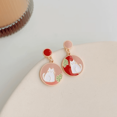 Morandi Pink Cat Asymmetrical Drop Earrings