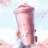 shop online in singapore for 480ML BPA-Free Double-Layer Sakura Cup with Sliding Straw