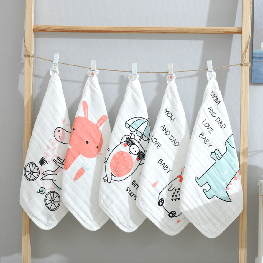 5pcs Class-A Cartoon Cotton Muslin Infant Face Towel