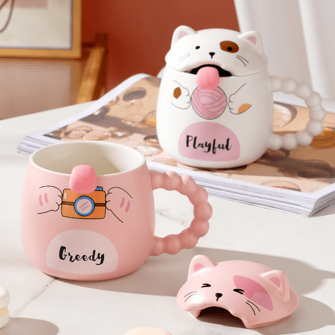 400ml Funny Cat Ceramic Mug Blind Box with Spoon and Lid