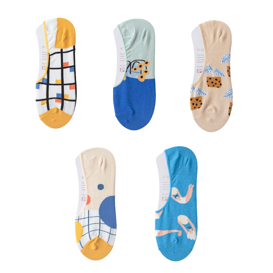 5pcs Japanese Style Invisible Non-slip Cotton Boat Socks